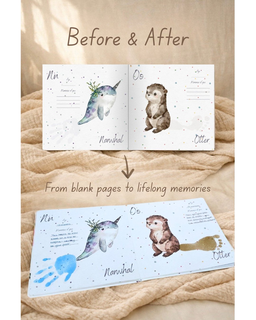 Before and after comparison of a children's book with animal illustrations and hand and footprint memories on a textured surface.