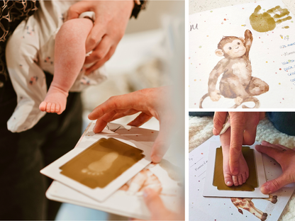Collage of a person taking a baby's footprint with a mess free ink pad, ith a monkey illustration in the background with a handprint hand