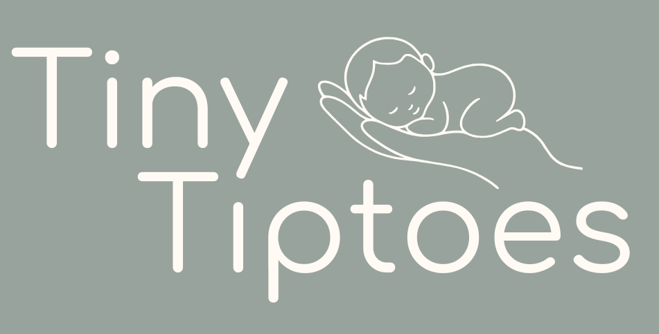 Tiny Tiptoes Logo, with image of baby hekd in hand