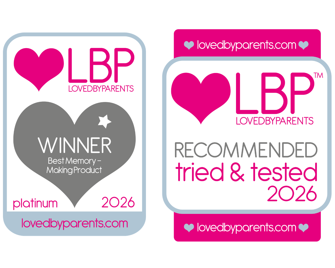 Two 'Loved by Parents' product awards with heart designs and text on a white background.