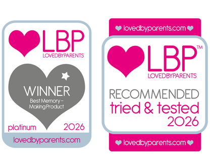 Two 'Loved by Parents' product awards with heart designs and text on a white background.