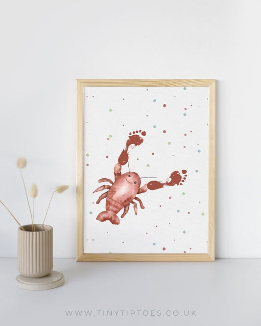 Framed illustration of a red yabby with footprint claws on a white background with colorful dots, next to a vase.