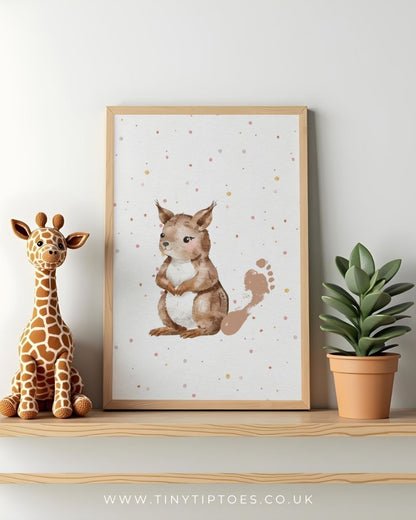 Framed illustration of a squirrel with a footprint tail on a shelf with a toy giraffe and plant.