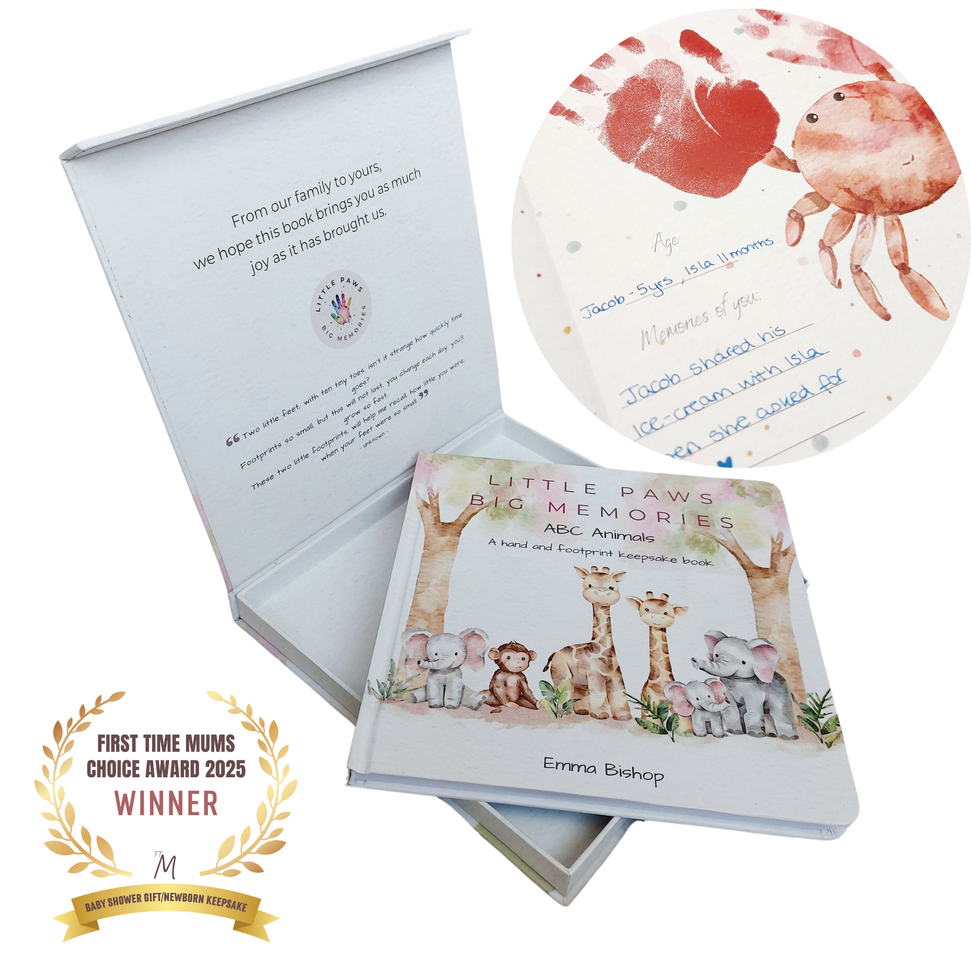 Little Paws Big Memories ABC Animals baby handprint and footprint keepsake memory book kit. Newborn baby gift idea, baby shower gift idea. Christening present. Book in luxury magnetic gift box. First Time Mums UK Choice Award Winner 2025. Best Baby Shower Gift / Newborn Keepsake Award Winners.