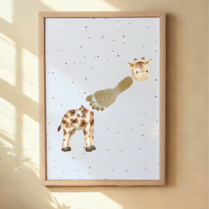 Framed Giraffe Print with child's footprint as its neck