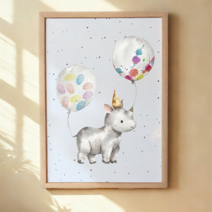 Framed artwork of a rhino with colorful balloons on a light background. Framed rhino keepsake prints with child's fingerprints as balloon decorations