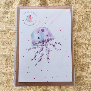 Greetings Card - Watercolour Jellyfish. Blank inside. On plain linen cloth background.