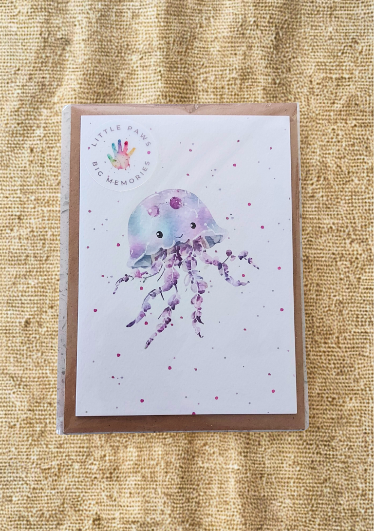 Greetings Card - Watercolour Jellyfish. Blank inside. On plain linen cloth background.