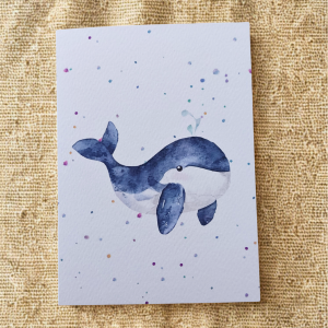 Greetings Card - Watercolour Whale. Blank inside. On plain linen cloth background.