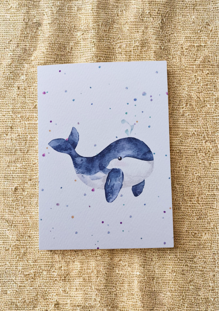 Greetings Card - Watercolour Whale. Blank inside. On plain linen cloth background.