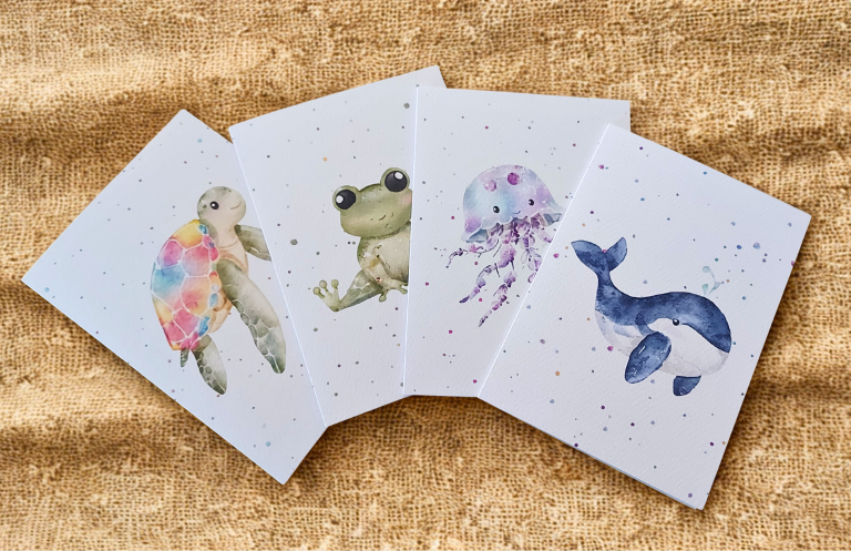 Greetings Cards Pack of 4 - Watercolour Turtle, Frog, Jellyfish, Whale. Blank inside. On plain linen cloth background.