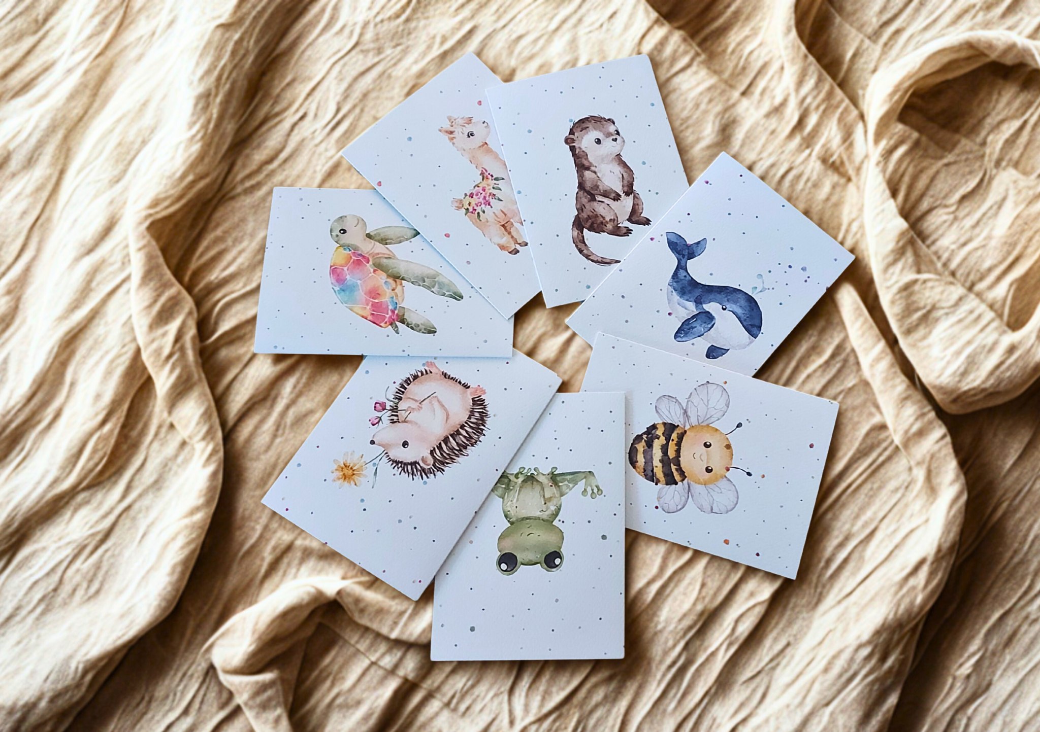 Greetings Cards - Watercolour Bee, Alpaca, Whale, Otter, Turtle, Hedgehog, Frog. On plain linen cloth background. Blank inside.