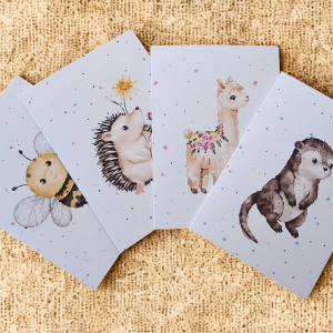 4 Greetings Cards - Watercolour Bee, Hedgehog, Alpaca, Otter. Blank inside. On plain linen background.