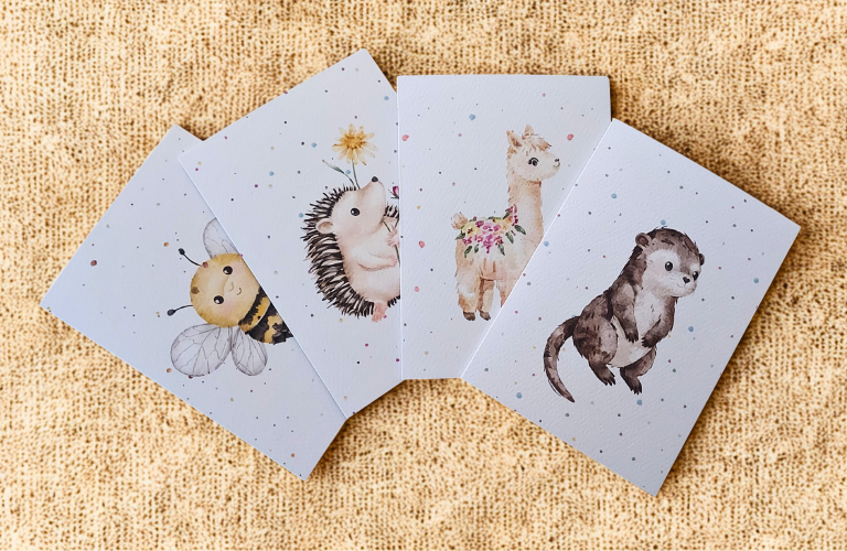 4 Greetings Cards - Watercolour Bee, Hedgehog, Alpaca, Otter. Blank inside. On plain linen background.