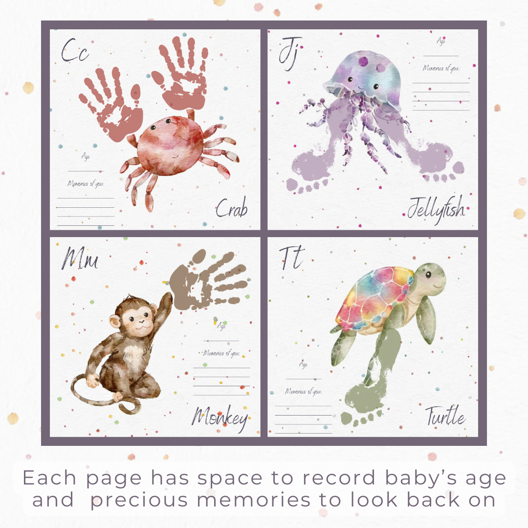 Example pages from baby hand and footprint keepsake book showing animals and baby hand and footprints completing the animals. Text reads 'each page has space to record baby's age and precious memories to look back on'