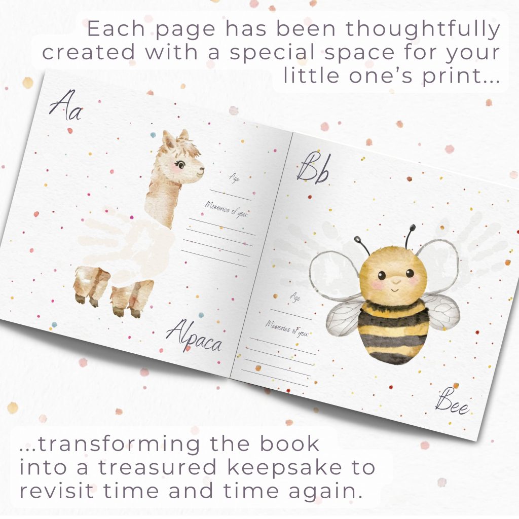 Book pages from baby handprint and footprint keepsake book showing how baby hand and footprints complete the pictures of animals. Baby shower gift for newborn baby. Christening present.