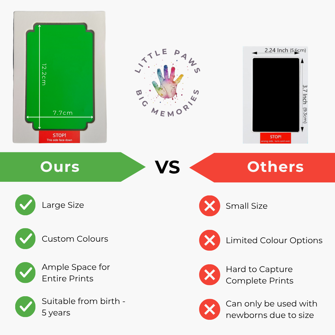 Our Clean Touch Mess Free Inkless Ink Pads vs Others Comparison. Large size, custom colours, ample space for entire prints, suitable from birth to 5 years