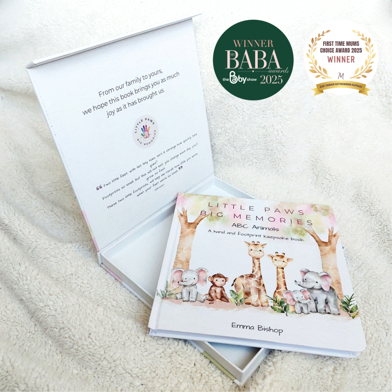 Baby hand and footprint memory book in magnetic gift box with award winner badges