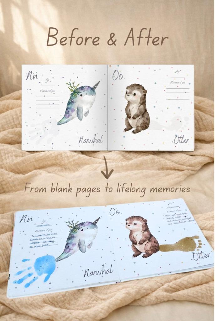Image shows blank uncompleted pages of the book. And then an after picture showing the pages completed with baby handprint and footprint