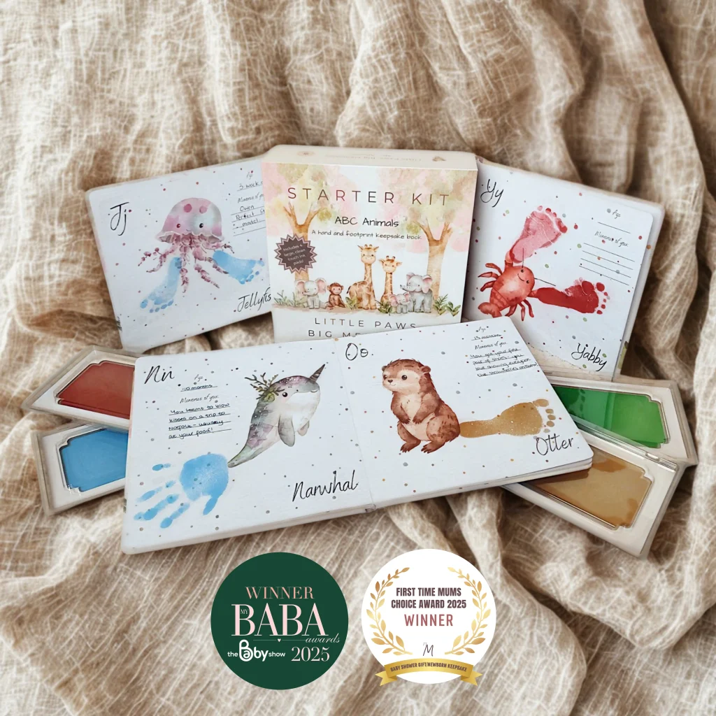 ABC Animals Starter Kit, completed hand and footprint memory book with clean touch inkless ink pads