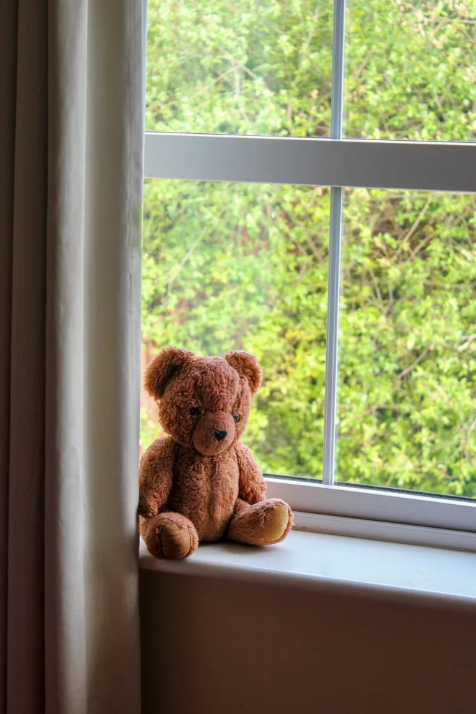 teddy bear on window ledge
