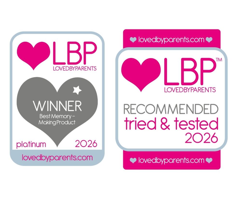 Loved By Parents Awards 2026 Platinum Winner Best Memory-Making Product badge and Recommended Tried & Tested 2026 badge.