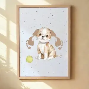 A4 framed dog-themed baby footprint keepsake print displayed on a nursery wall, featuring a tiny baby footprint incorporated into a sweet illustrated dog design in soft, neutral tones.