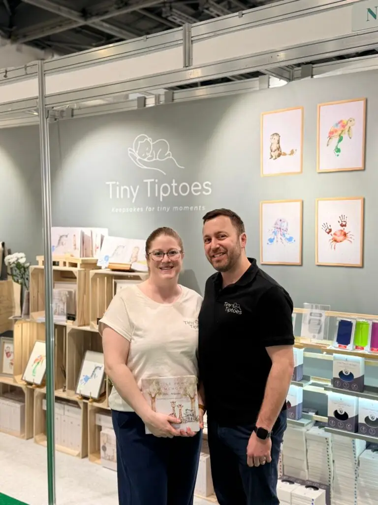 tiny Tiptoes co founders at the baby show excel exhibition stand
